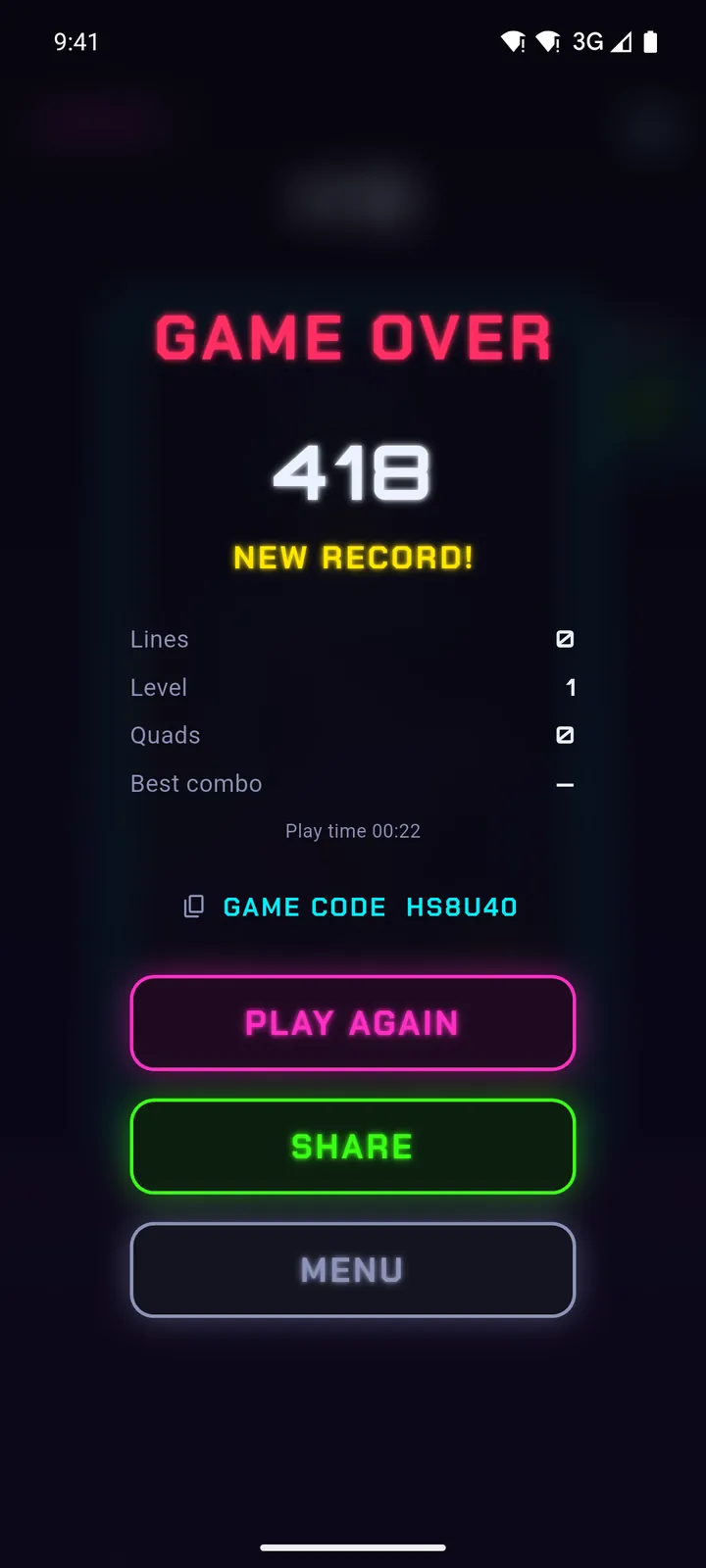 Game summary, challenge code and share button