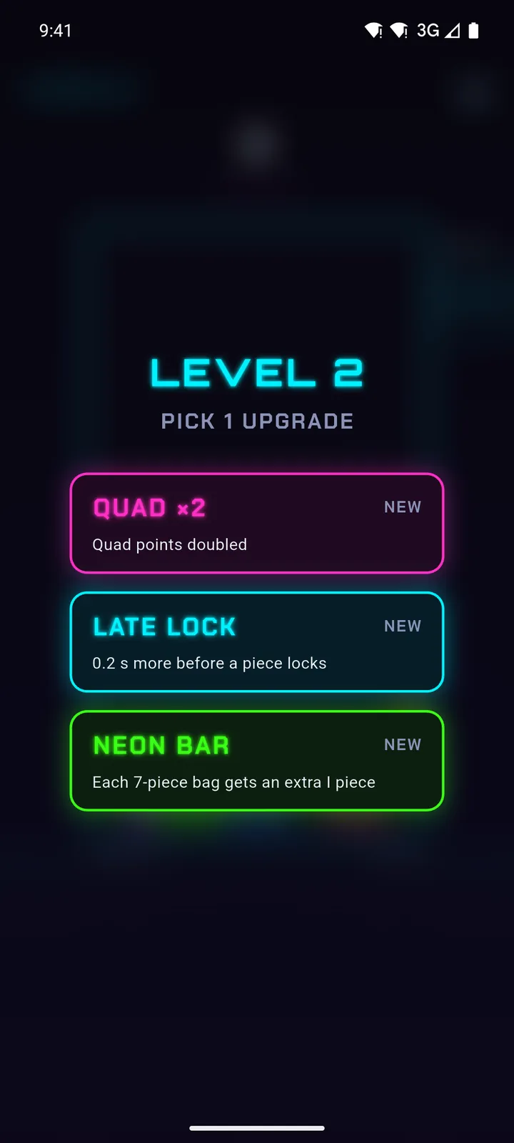 Neon Run: pick 1 of 3 upgrades at each level-up