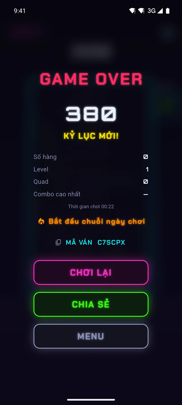 Tổng kết ván, mã thử thách và nút chia sẻ