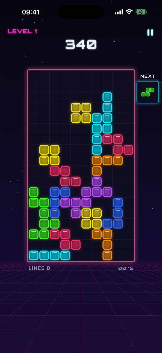 Classic: the 10 × 18 board and next-piece preview