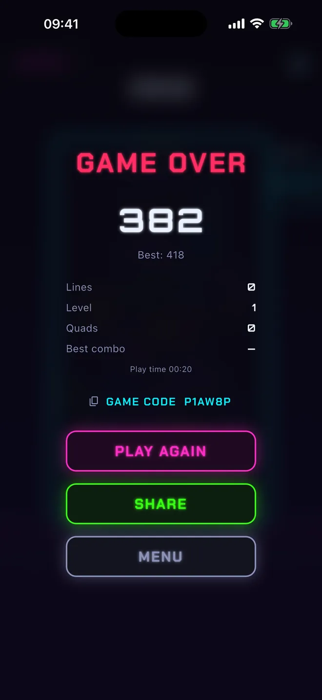 Game summary, challenge code and share button
