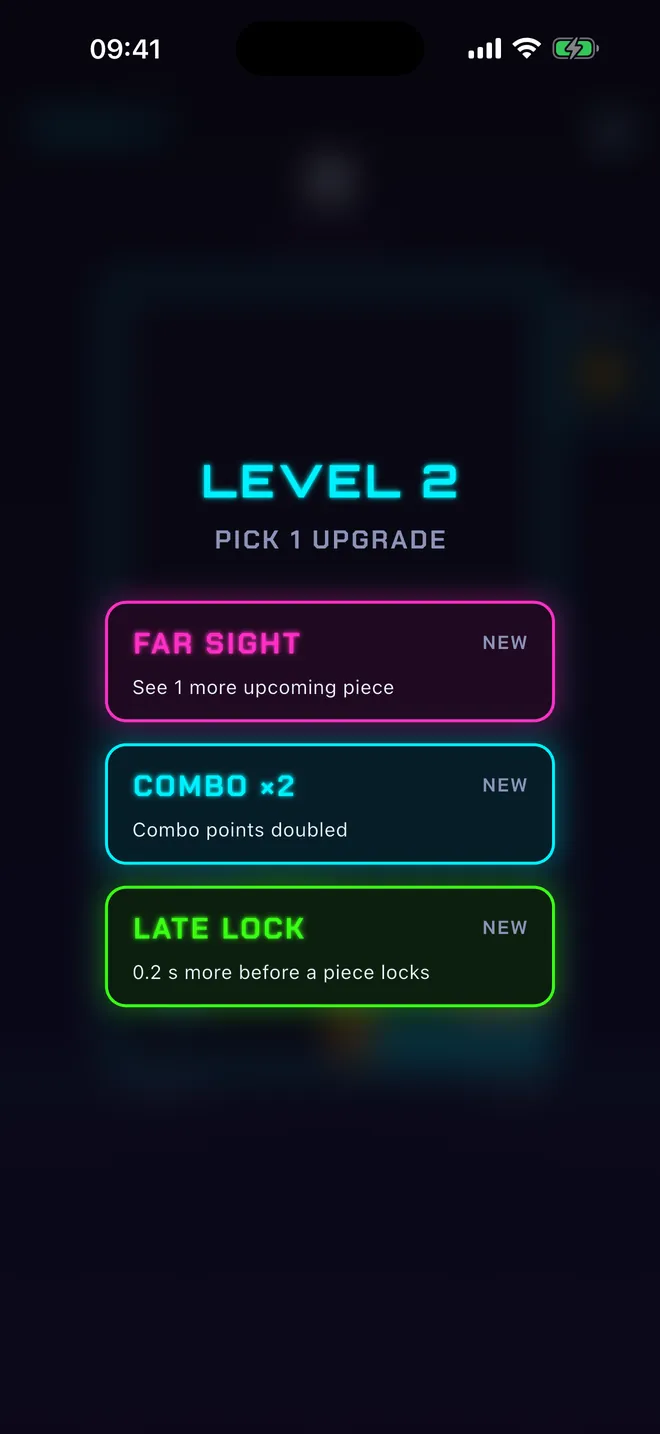 Neon Run: pick 1 of 3 upgrades at each level-up