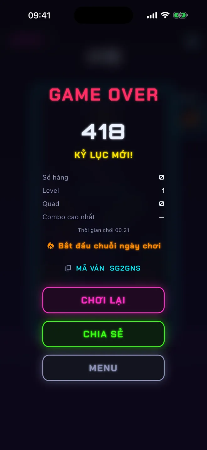 Tổng kết ván, mã thử thách và nút chia sẻ