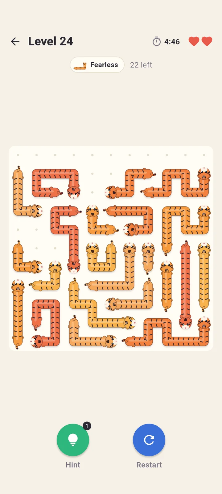 An 11 × 11 board, every rope a tiger