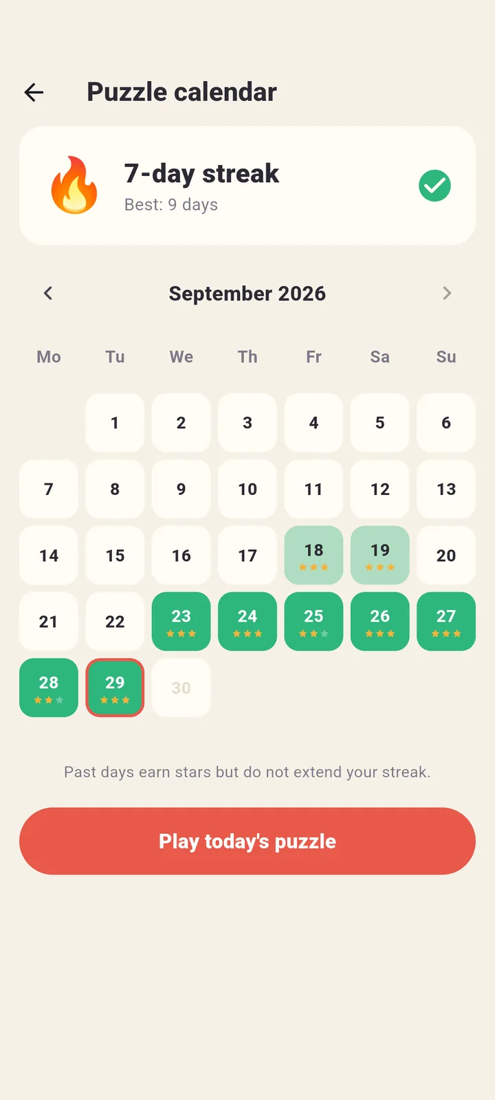 Daily puzzle calendar and streak