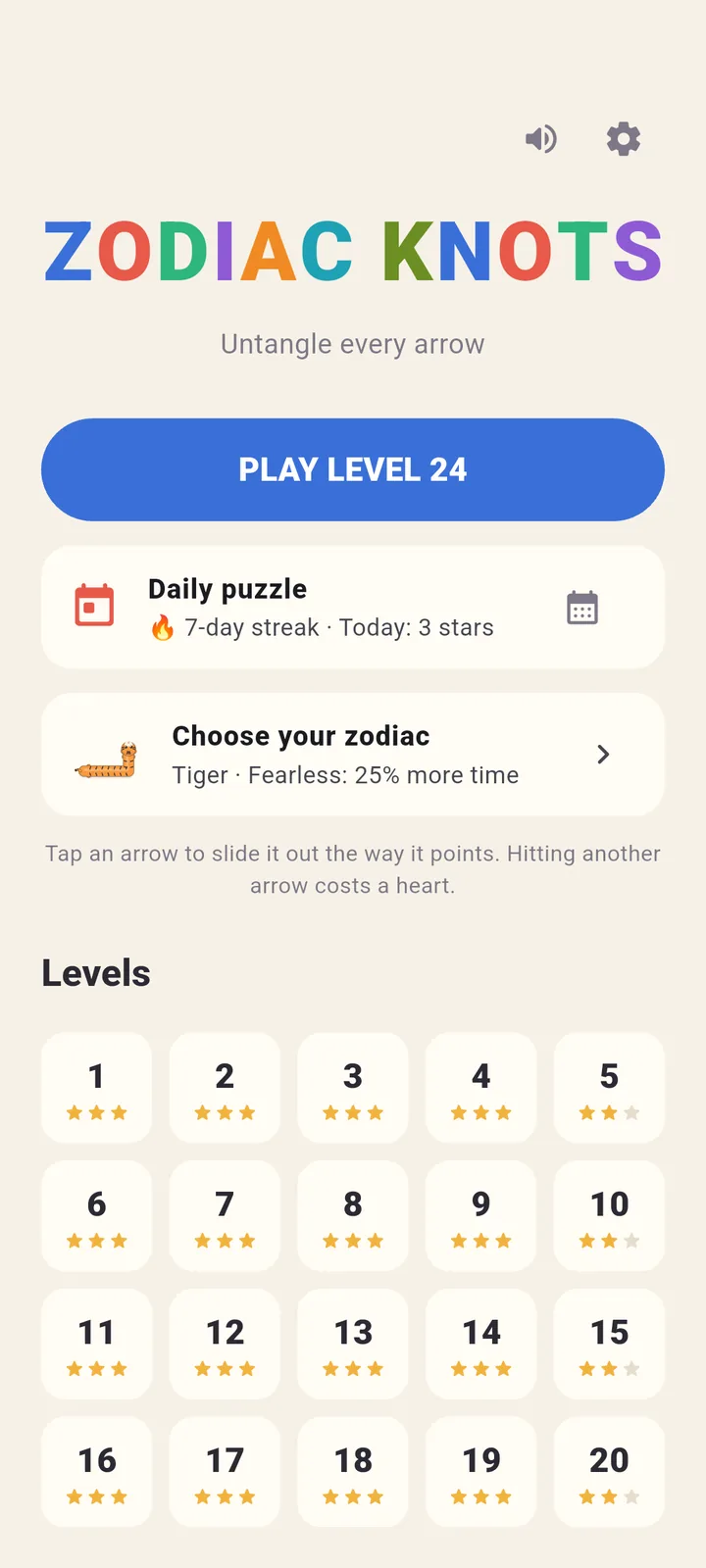 Home: continue, daily puzzle, guardian zodiac