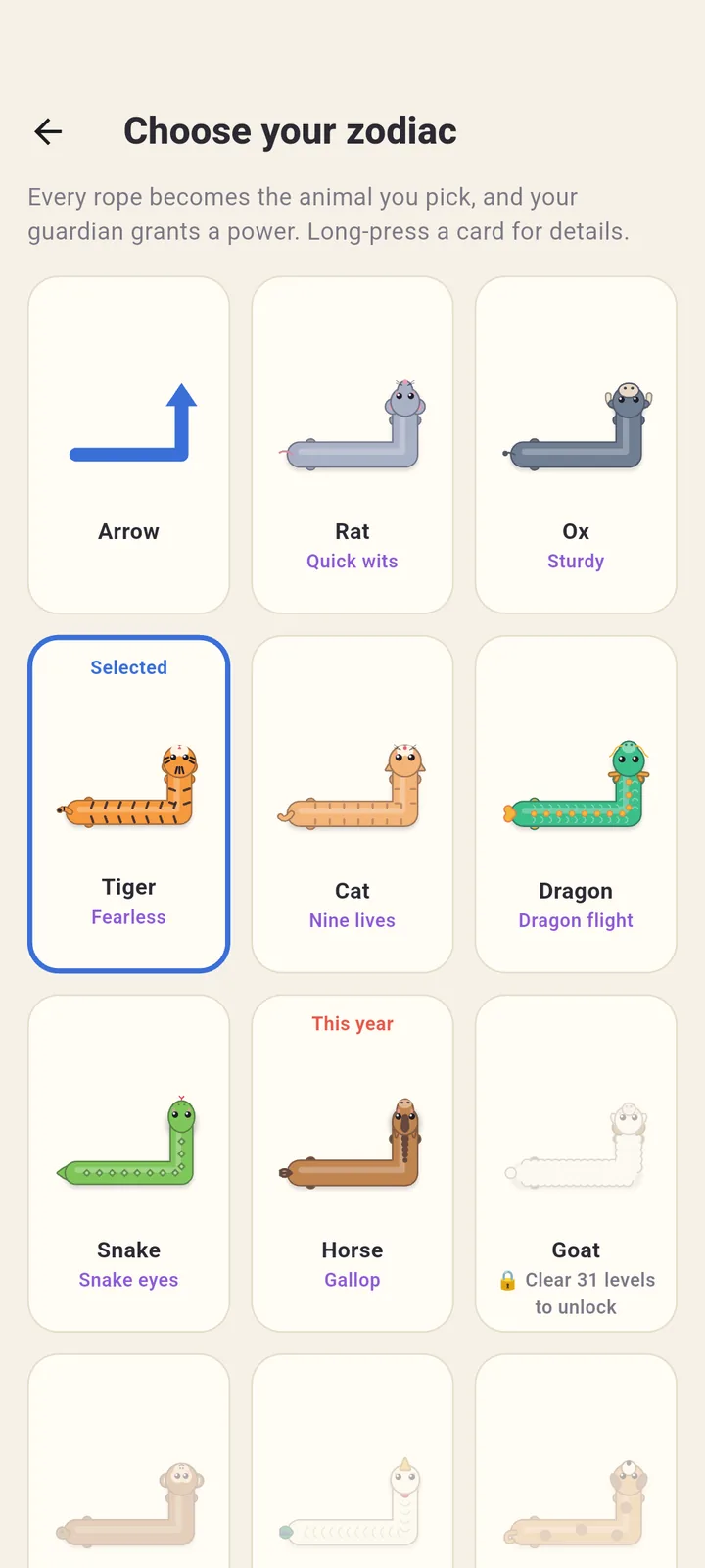 The Zodiac Knots guardian picker on Android