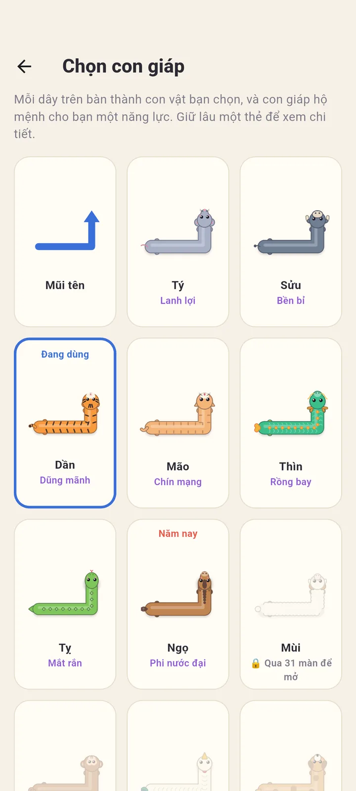 Màn chọn con giáp hộ mệnh của Zodiac Knots trên Android