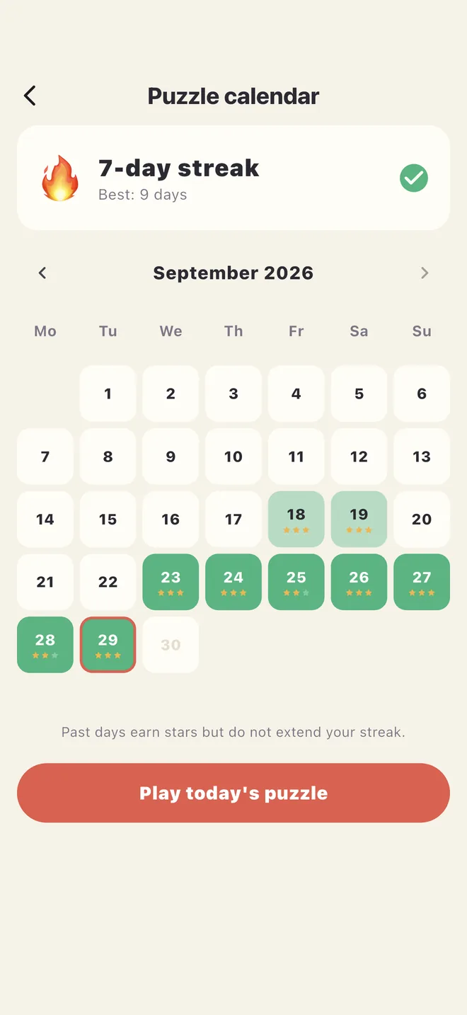Daily puzzle calendar and streak