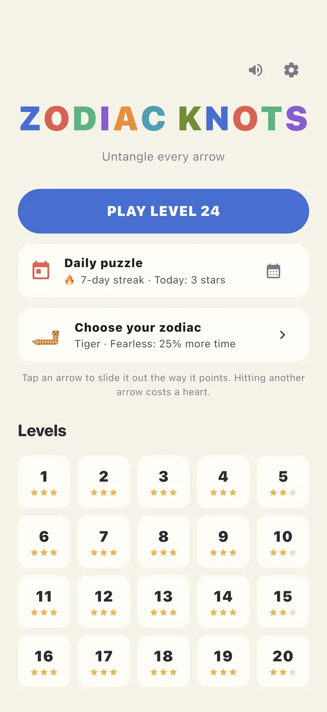Home: continue, daily puzzle, guardian zodiac